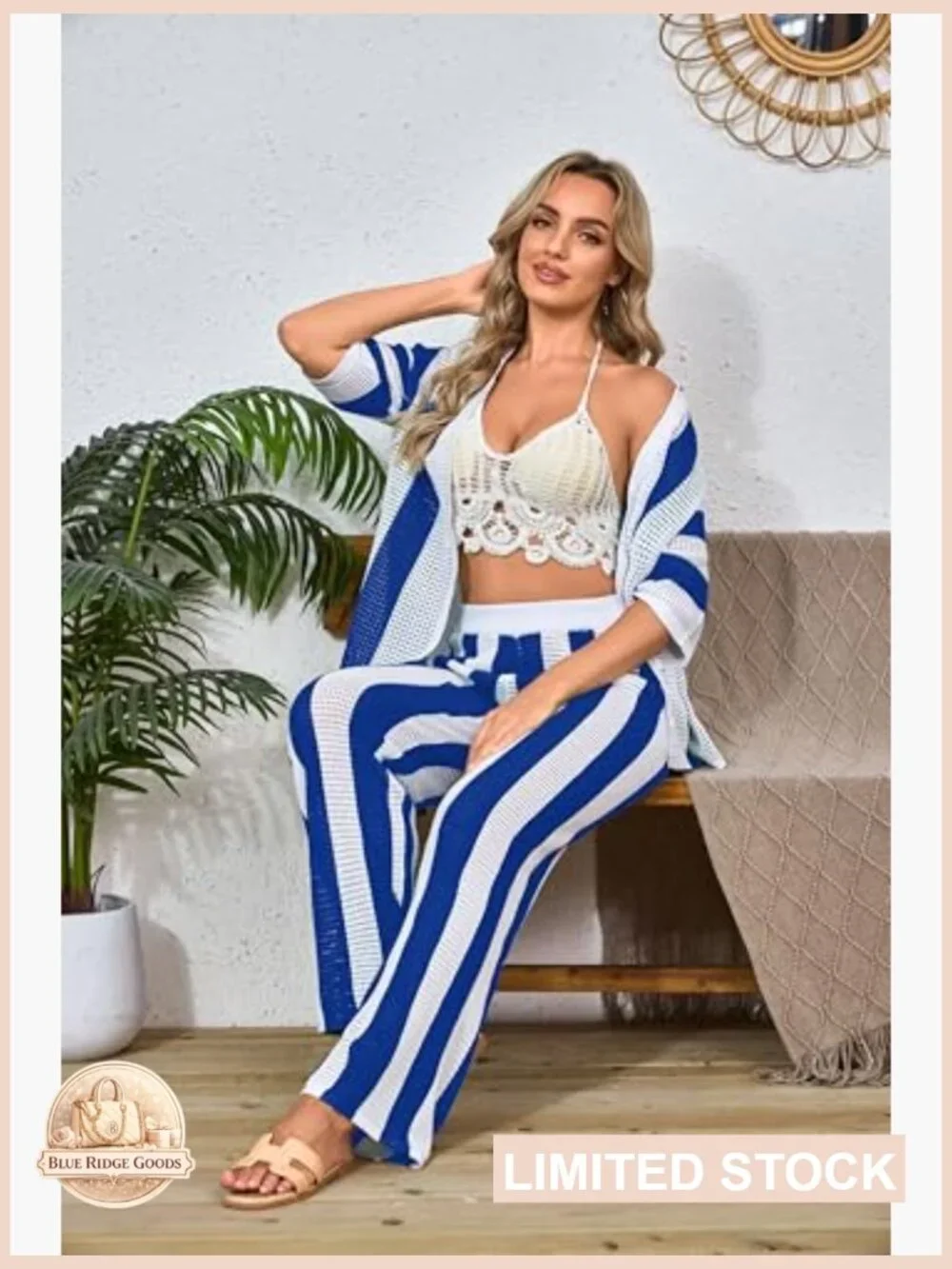 Crochet Two Piece Set Knit Hollow Out Button Down Shirts Matching Long Pants